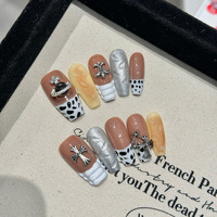 Ongles en forme de cercueil 3D, moyens, à bout français, motif vache, faits à la main, à presser, en ABS, 10 pièces, ensembles d'ongles en forme de cercueil 3D, moyens