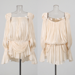 Vestido Mini Elegante Creme com Ombros Descobertos e Cintura Plissada para Mulheres, Vestido de Festa com Manga Longa, Atacado - Product Image 2