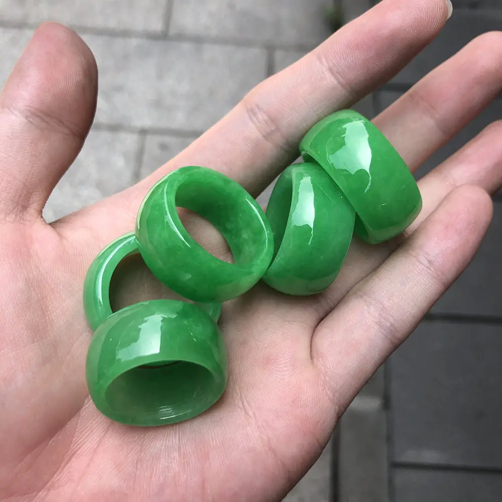 Natural Big Size Green Jade Ring Jadeite Rings Thumb Rings Jewelry Pure Stone Straight Arc Edge For Men Women