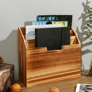 Organizador de revistas de escritorio de madera maciza, estante de almacenamiento A4 de 3 niveles para libros y documentos de oficina, forma cuadrada de color llama - Product Image 2