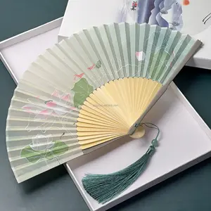 Handheld Floral Folding Fans Hand Held Fans Silk With Tassel Women's Hollowed Bamboo Hand Fans