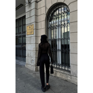 Pantalones de Mujer de Gamuza Negra con Corte Acampanado y Detalles de Puntadas, Cintura Alta, Transpirables, Estilo Casual de Oficina, Talla XL - Product Image 1