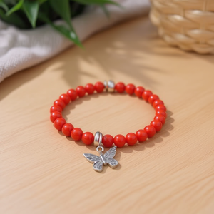 Pulsera de Acero Inoxidable de 6 mm y 18 cm con Cuentas Rojas y Dije de Mariposa, Joyería de Moda - Product Image 2