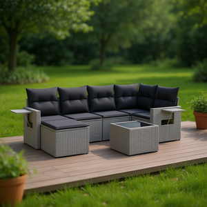 Conjunto de Sofás de Jardín Modernos en Poliratán Gris, Muebles de Exterior para 6 Personas con Fundas Extraíbles - Product Image 2