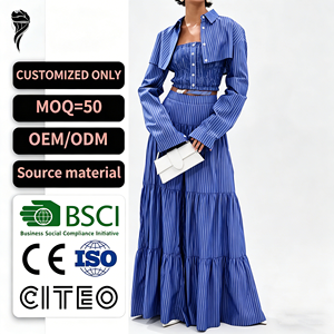 Conjunto de 3 Piezas a Rayas Azules para Mujer, Camisa de Manga Larga con Volantes, Falda Fruncida, Atuendo Casual para Primavera/Verano - Product Image 1
