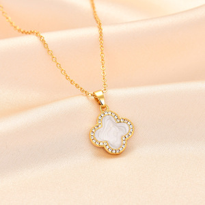 Collar con Colgante de Trébol de Cuatro Hojas, Chapado en Oro/Plata con Circonitas, Elegante Gargantilla con Dije de Concha/Esmalte para Mujer, 4 Estilos Disponibles - Product Image 4
