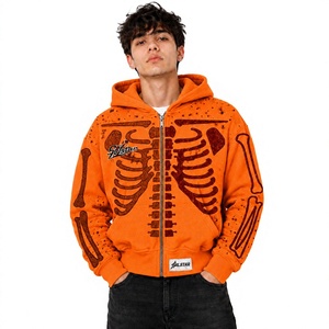 Salstar High Quality <b>Men's</b> <b>Orange</b> Hooded Zip-Up <b>Sweatshirt</b> Skeleton Print Casual Winter Wear - Product Image 1