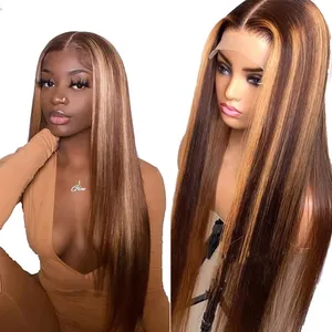 Uniky Blonde 30 Inch Long Straight Brown 13X4 Transparent Lace Highlighted Human Hair Wigs 10a Highlight Body Wave Hair Full Wig
