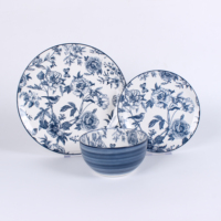 Service de table en grès à imprimé botanique bleu classique - Assiettes et bols en céramique à motifs floraux et oiseaux vintage
