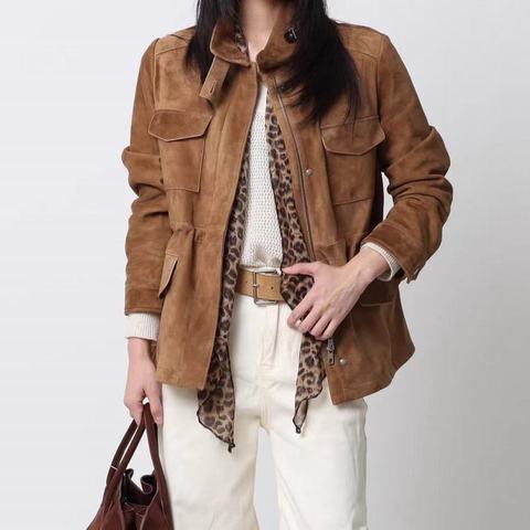 0024 2026 Autumn Winter Women's Stand Collar Suede Goatskin Coat Mid-Length Spliced Zip up Old Money Leather Jacket