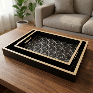 Ensemble de 2 plateaux rectangulaires en similicuir, plateau rectangulaire en bois MDF noir, motif géométrique, décoration moderne - Product Image 1