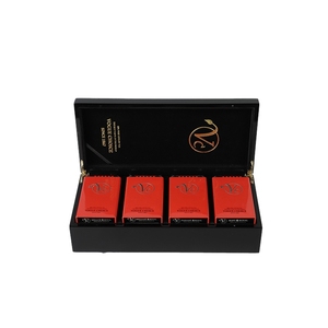 Stamping Logo Tea Box Organizer Wood Storage High Glossy Black 4 Compartments Can Packaging Case Wooden Box For Tea