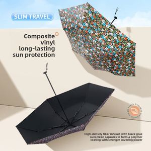 Parapluie manuel ultra-léger pliable en trois sections, style coréen, avec protection UV, portable, en caoutchouc noir, pare-soleil - Product Image 2