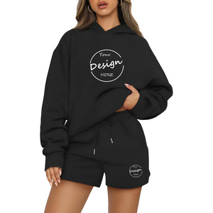 Venta al por mayor de las mujeres personalizadas de gran tamaño Drop Shoulder Pullover Hoodie Set de peso pesado de algodón de color sólido con capucha Pantalones cortos - Product Image 5
