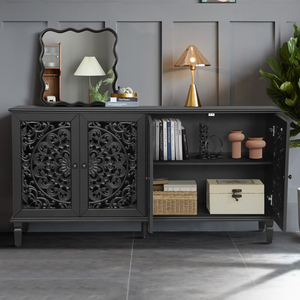 Buffet antique de 60 pouces avec sculptures florales, pieds en bois massif, étagères réglables, meuble TV et rangement - Product Image 2