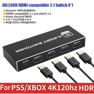 อะแดปเตอร์ตัวแยกสัญญาณ4พอร์ต,ตัวสลับสัญญาณ8K @ 60Hz รองรับ <span class=keywords><strong>HDMI</strong></span> 2.1 <span class=keywords><strong>Switch</strong></span> <span class=keywords><strong>4K</strong></span> <span class=keywords><strong>120HZ</strong></span> 4 In 1 Out HD <span class=keywords><strong>HDR</strong></span> - Product Image 2