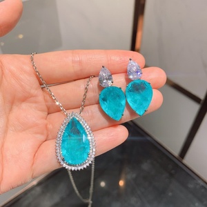 ชุดเครื่องประดับแฟชั่นรักษ์โลก ทองแดง จี้ขนาดใหญ่และต่างหู ขนาด 15*25/15*20 มม. ประดับด้วยเซอร์โคเนียสีน้ำเงินขนาดใหญ่ สำหรับลุคโดดเด่น - Product Image 5
