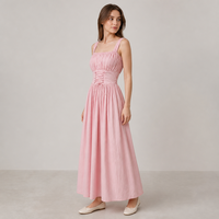 Robe longue rose à col carré pour femme Joydressing, sans manches, avec corsage froncé, coupe trapèze, idéale pour la vente en gros aux boutiques.