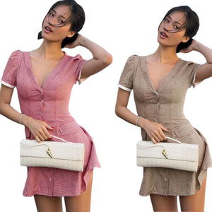 Robe mini pour femme, style bureau, col en V, boutonnée sur le devant, imprimé écossais, tissée, taille naturelle, écologique, tenue de travail, en promotion - Product Image 1