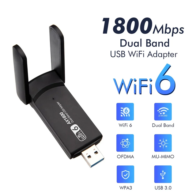 1800Mbps WiFi 6 USB Adapter 802.11AX 2.4G/5GHz USB3.0 Wireless Network Card Antenna Wi-Fi Dongle MT7921AU for Win 10/11 Adapter