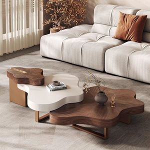 Cloud-Shaped Coffee <b>Table</b> Set <b>Walnut</b> Top Irregular Design Modern Living Room Furniture Minimalist Style - Product Image 3