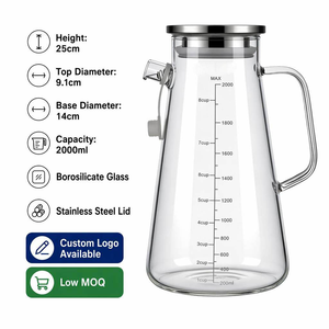 Carafe à eau en verre borosilicate <span class=keywords><strong>de</strong></span> 2000 ml <span class=keywords><strong>avec</strong></span> graduation, couvercle en acier inoxydable, bec verseur et bouchon, résistante à la chaleur - Product Image 1