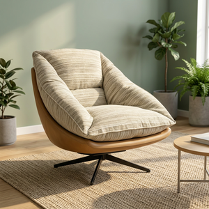 Modern Midcentury Wooden Lounge Chair With Soft Striped Cushion For Living Room Furniture - Product Image 2