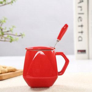 Tasses en céramique avec couvercles et cuillères, ensemble de mugs de couleur unie en forme de diamant pour boire - Product Image 4