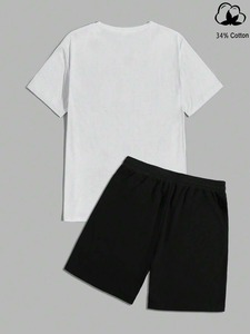 Factory for customizable crew neck short-sleeved shirts and drawstring waist shorts with letter and palm <b>tree</b> prints.F10 - Product Image 3