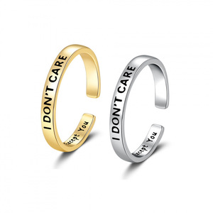 Joyería inspiradora, regalo para mujer, <span class=keywords><strong>anillo</strong></span> ajustable de plata con letras grabadas 'I Don't Care', diseño en espiral. - Product Image 1