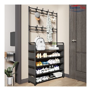 Étagère à chaussures et manteaux en acier personnalisable à plusieurs niveaux, étagère de rangement à 5 niveaux avec crochets muraux pour l'entrée - Product Image 2