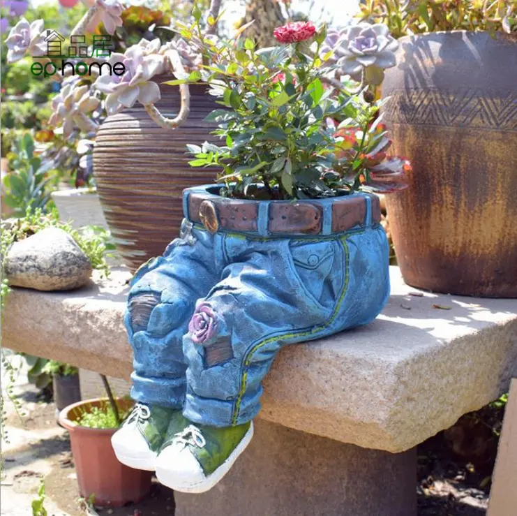 Popular Creative Big Blue Jeans Shape Resin DIY Flower Pot Bonsai Vase for Succulent Cactus Planters Garden Balcony Decor