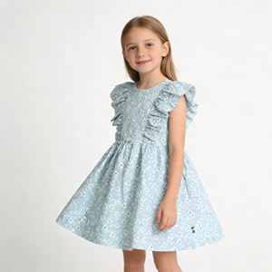 Vestito Estivo per Bambine in 70% Viscosa 30% Lino, Senza Maniche con <span class=keywords><strong>Volant</strong></span> e Cerniera, Abbigliamento per Neonati Personalizzato Stampato - Product Image 1