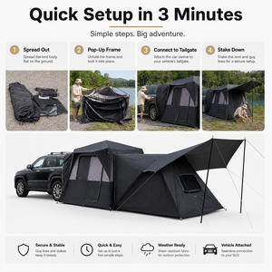 Tente de camping pour SUV, système de fixation sur <span class=keywords><strong>hayon</strong></span>, deux chambres, 5-8 personnes, PU 3000mm imperméable, UPF 50+, Oxford 150D, installation rapide en 3 minutes, quatre saisons - Product Image 4