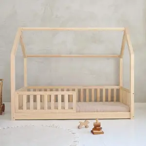 Children's Bed with Fall Protection Solid Wood House Bed for Child Baby's Crib Montessori Floor Bed