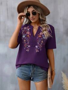 Ingrosso nuove donne ragazze con fiori ricamati a scollo a V in <span class=keywords><strong>pizzo</strong></span> top estivi camicie stile europa ampio stile Casual t-shirt - Product Image 4