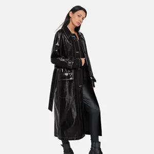 Wine Red Trench Women's Slim Motorcycle Pu Leather Coat Long Slim With Belt Women's Leather Trench Coats