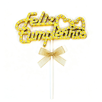 Fabrikpreis 3D Strass Plastik Feliz Cumpleaños Tortendekoration Herz Kristall Kursivschrift Spanische Geburtstagsdekoration Fiesta Party
