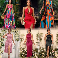 Robe longue fluide pour femme, col licou, découpes à la taille, décolleté plongeant en V profond, élégante, pour soirée ou événement formel