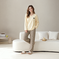 Ensemble de vêtements de nuit et de détente pour femmes en coton modal à carreaux, coupe ample, 2 pièces, faible MOQ