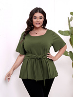 T-shirts pour femmes européennes et américaines, grande taille, vêtements pour femmes, hauts simples à manches courtes, col rond, ceinture, amincissants