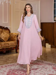 Vestido Abaya Elegante para Mujer, Vestido Largo Transpirable de Verano, Diseño Bordado con Pedrería, Vestido Casual Fluido y Modesto - Product Image 2