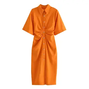 Kadın giyim şık moda düğme up Draped Midi gömlek elbise Vintage kısa kollu yan fermuar kadın elbiseler Vestidos