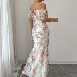 Women's Elegant <b>Romantic</b> Ruffled Off-Shoulder Fitted Mesh Floral <b>Dresses</b> Fashion - Product Image 2