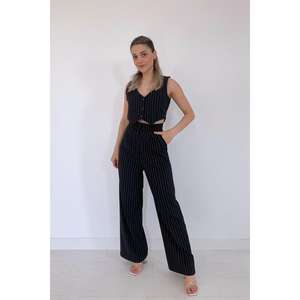 Modern Women's Black Striped <b>Jumpsuit</b> High Waist <b>Wide</b> <b>Leg</b> <b>Casual</b> Office Wear - Product Image 1
