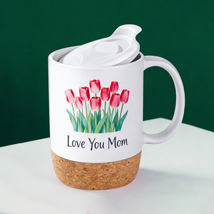 Tasses en céramique pour la fête des mères avec couvercles - Design floral tournesol, lavande, œillet, tulipe, fond en liège, cadeau pour maman - Product Image 4