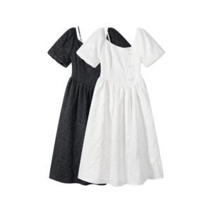 Abito estivo da donna <span class=keywords><strong>bianco</strong></span> Chic con motivo floreale in vita sottile e manica corta con <span class=keywords><strong>colletto</strong></span> quadrato <span class=keywords><strong>nero</strong></span> unico Chiffon tinto in tinta unita - Product Image 1