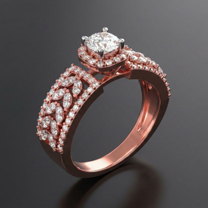Bague de fiançailles et de mariage de luxe en or 14 carats avec diamant rond de laboratoire de 0,50 carat, halo, motif feuille marquise et sertissage pavé à griffes - Product Image 1