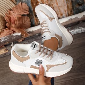 รองเท้าลำลองทรงหนาหลายสีสำหรับผู้หญิง, หน้าผ้าตาข่ายสีเทา-น้ำตาล-เบจ, รองเท้าผ้าใบแบบผูกเชือกหัวกลมพื้นหนาสำหรับกิจกรรมกลางแจ้ง - Product Image 4