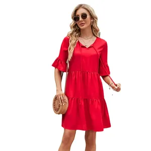 Hot sale V-neck Short Dress with Tie-Front Detail and Ruffled Sleeves High-waisted and Loose Fit clothing manufacturers custom